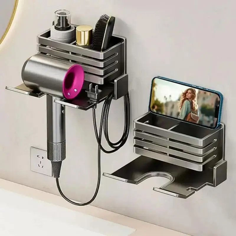 Wall Mounted Bathroom Shelf No Drill Multifunctional Storage Shelves Organizer with Hair Dryer Holder Toilet Cradle view 4