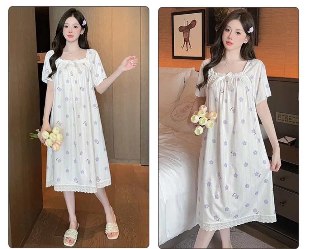 5XL Plus Size Women Nightgowns Summer Pajamas Korean Style Bubble Cotton Short Sleeve Sleep Dress Soft Comfotable Loungewear