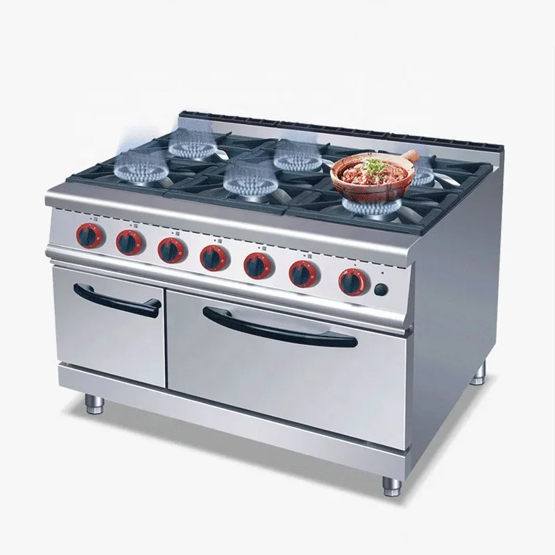 

#i Industrial Kitchen Equipment Restaurant 6 Burner Gas Cooker Wooden Case Oven Knob Silver Stainless Steel