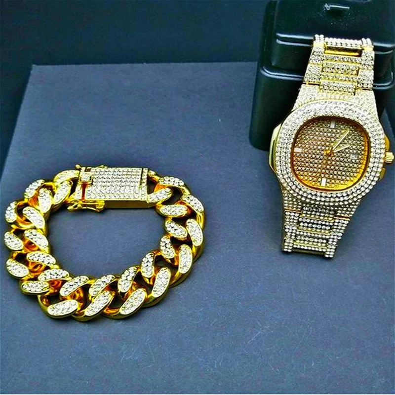 Fashion Hip Hop Luxury Diamond Watch Bracelet Crystal Miami Cuban Chain Hip Hop Jewelry Men's Bar Nightclub Party Jewelry Gift