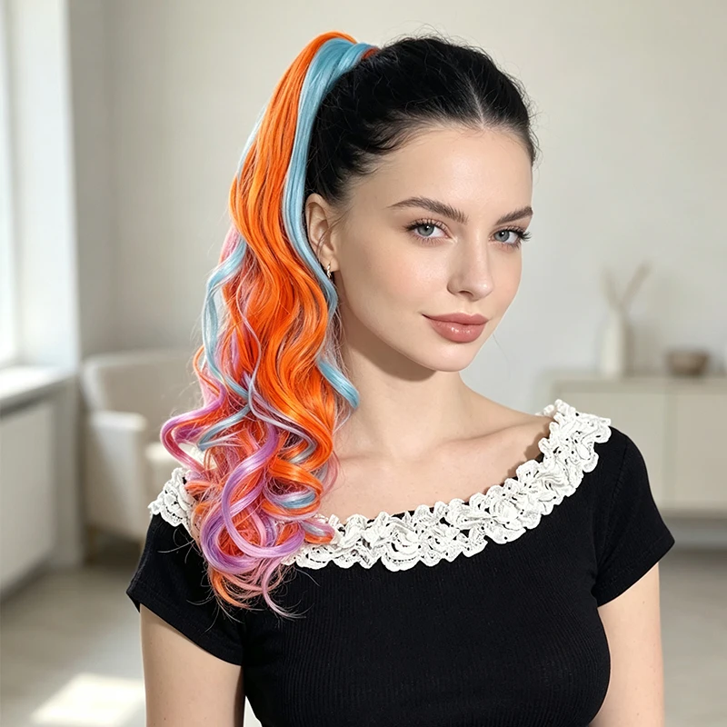 Colorful Gradient 3-Tone Synthetic Hair Extension Ponytail with Clip, Long Wavy Curly Wig for Women, Voluminous Big Wave Style