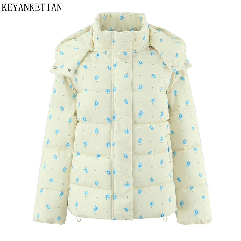 

KEYANKETIAN 2025 Winter New Women's Floral Print Quilted Jacket Coat Sweet style Loose Thick Warm Zipper Cotton-Padded Clothes