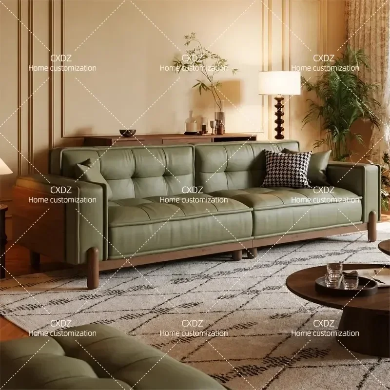Nordic Retro Leather Sofa Antique Solid Wood Frame Living Room Small Apartment Simple First Layer Cowhide Straight Row Sofa
