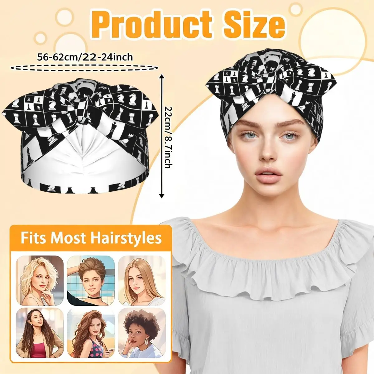 Chess Pieces On Board Chessboard Sleep Bonnet Double Layer with Adjustable Bow, Reversible Hair Cap for Curly Braids Hair