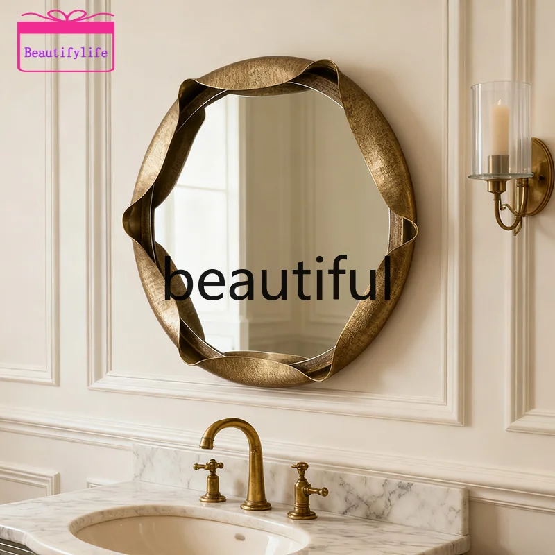 YL Old entrance decorative mirror, premium round bathroom mirror, retro wooden frame bedroom wall hanging makeup mirror