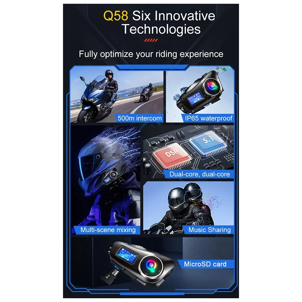A64I Q58-Max Motorcycle Helmet Intercom Bluetooth Headset MP3 Music Sharing 2 People 500M Intercom(Hard Wire)
