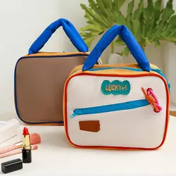 Borsa cosmetica con colori a contrasto carino borsa per il trucco con manico imbottito in cotone di grande capacità per articoli da toeletta da viaggio