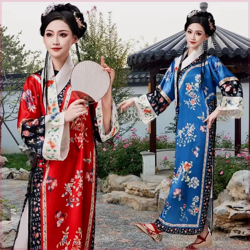 Qing Dynasty Hanfu Woman Robe Vintage Flower Pattern Printing Chinese Style Cheongsam Palace Gown Qipao Dress Stage Performance