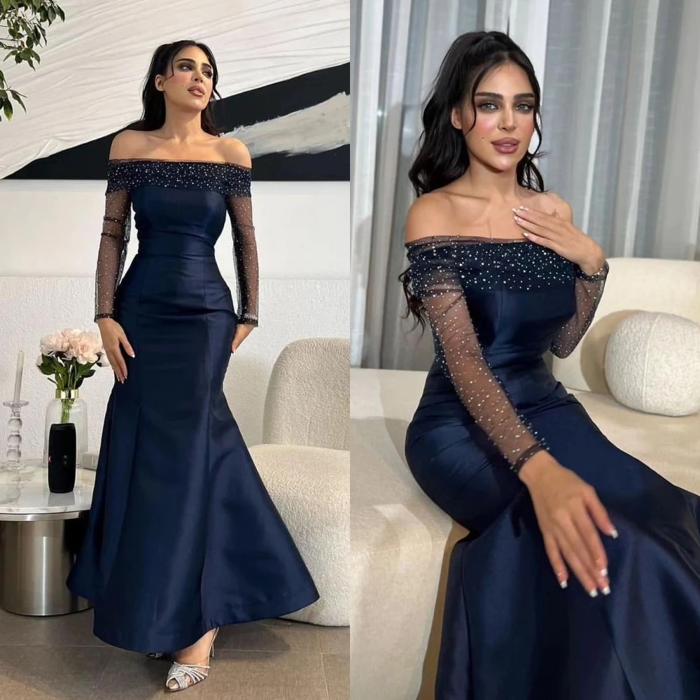 CustomizedSatin Draped Pleat Sequined Christmas Mermaid Off-the-shoulder Bespoke Occasion Gown Midi Dresses