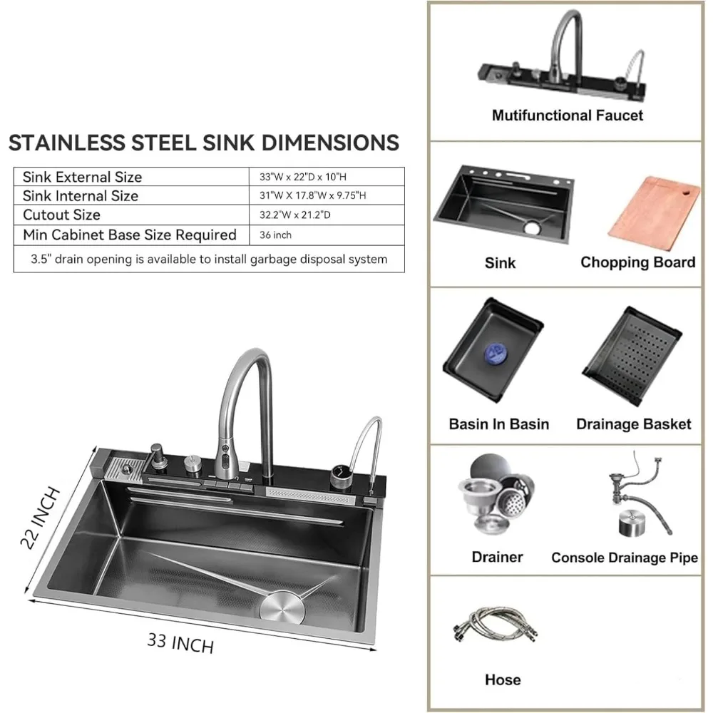 حوض مطبخ فردي أسود نانو مقاس 33 × 22 بوصة مع شلال مطر طائر، محطة عمل متكاملة، صنبور سحب للخارج، سلة تصريف، T #2