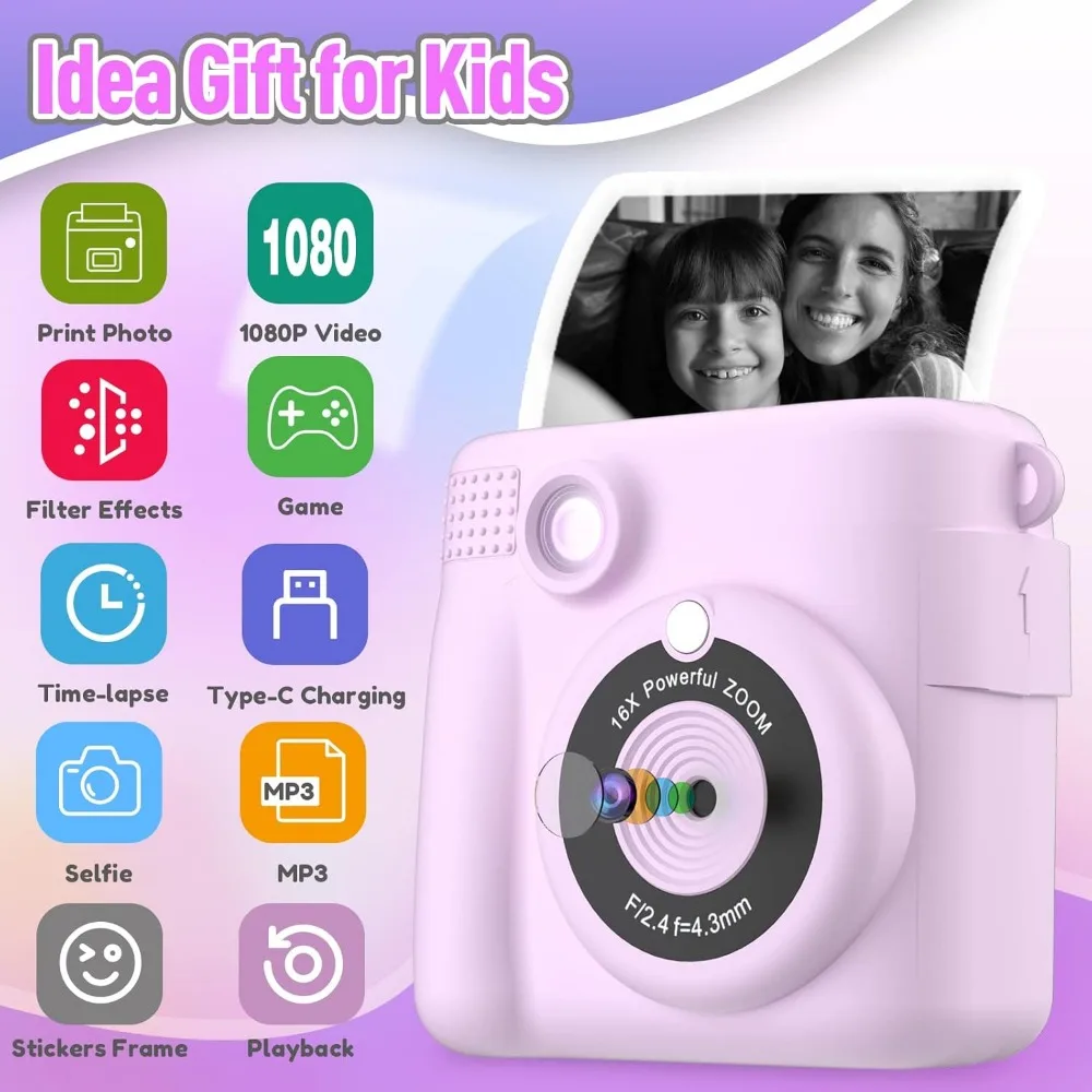 Portable Instant Print Camera for Kids with 1080P Video - Perfect Christmas & Birthday Gifts for Girls and Boys - Purple - Image 2