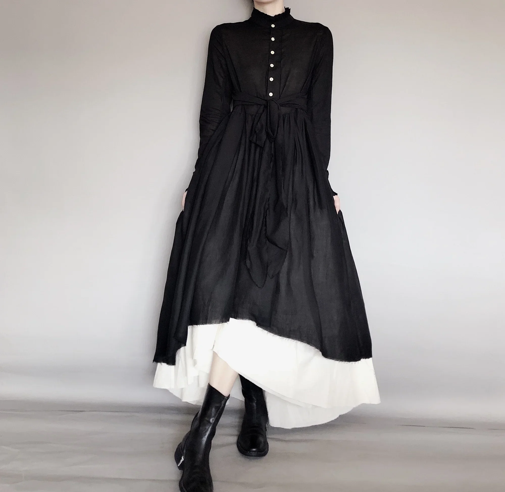 UMI MAO Dark Wind Retro Two-piece Spring Autumn Yohji Yamamoto Distressed Raw Edge Fluffy Mid-length Dress Thin Female  Y2K