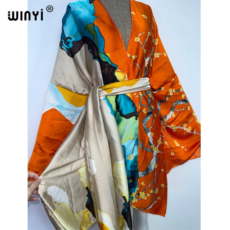 2022 WINYI Summer Beach Wear Swim Suit Cover kaftan sweet lady boho Cardigan stitch Self Belted sexy Holiday long Sleeve Kimono