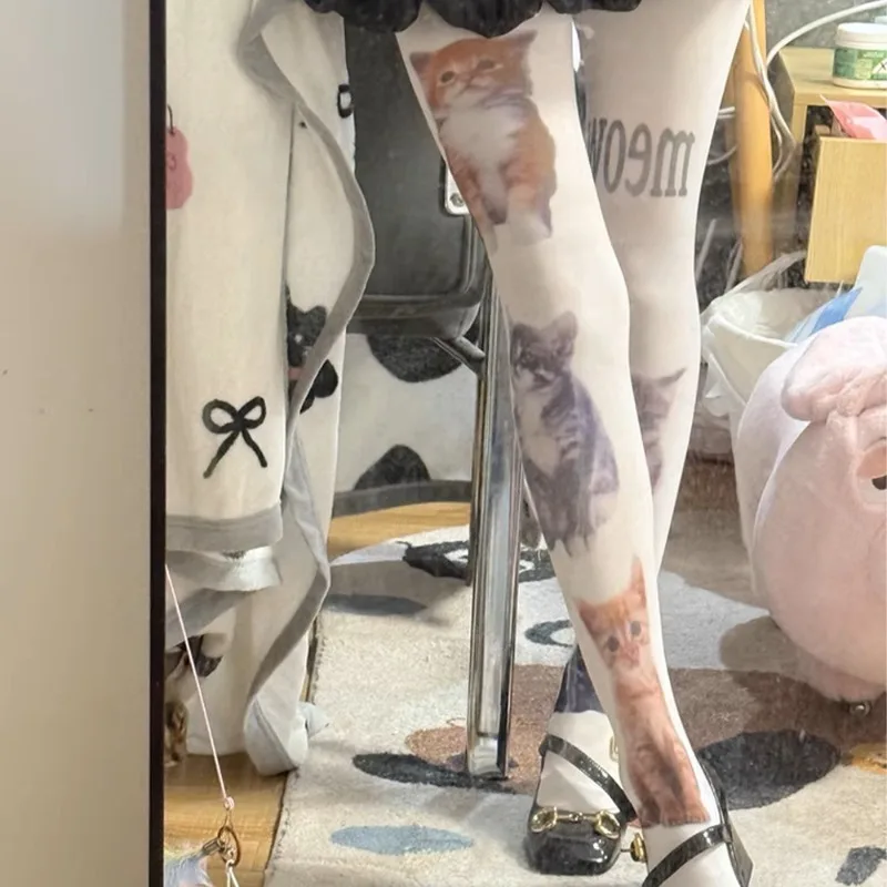 

White Cute Cat Printed Long Socks Kawaii Harajuku Over Knee Long Socks Pantyhose Y2K Role Playing Sock Velvet Women's Pantyhose