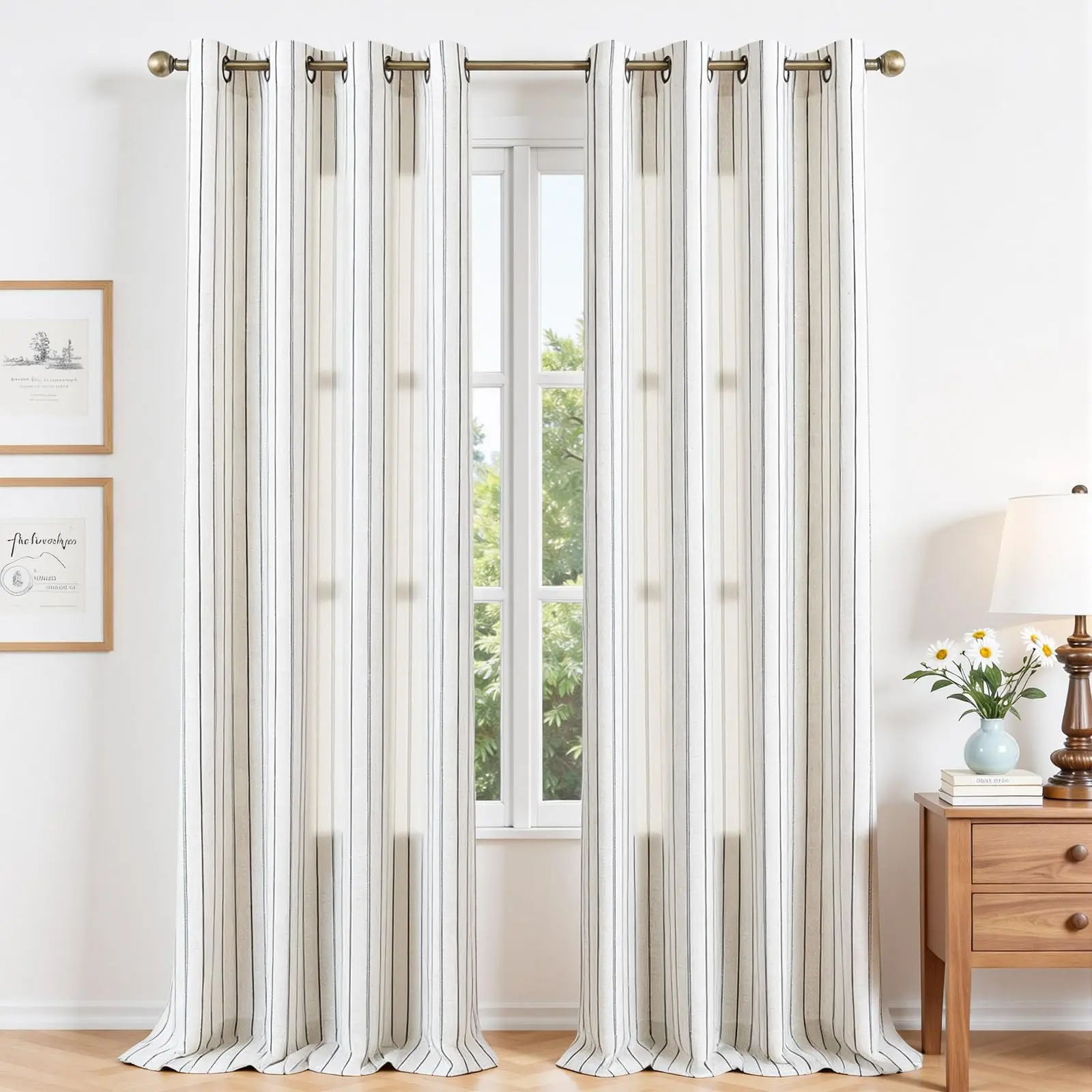1 Stück Moderner Gestreifter Leinenvorhang, Lichtfilternde Gardinen für Wohnzimmer und Schlafzimmer, Halbtransparente Sichtschutzvorhänge