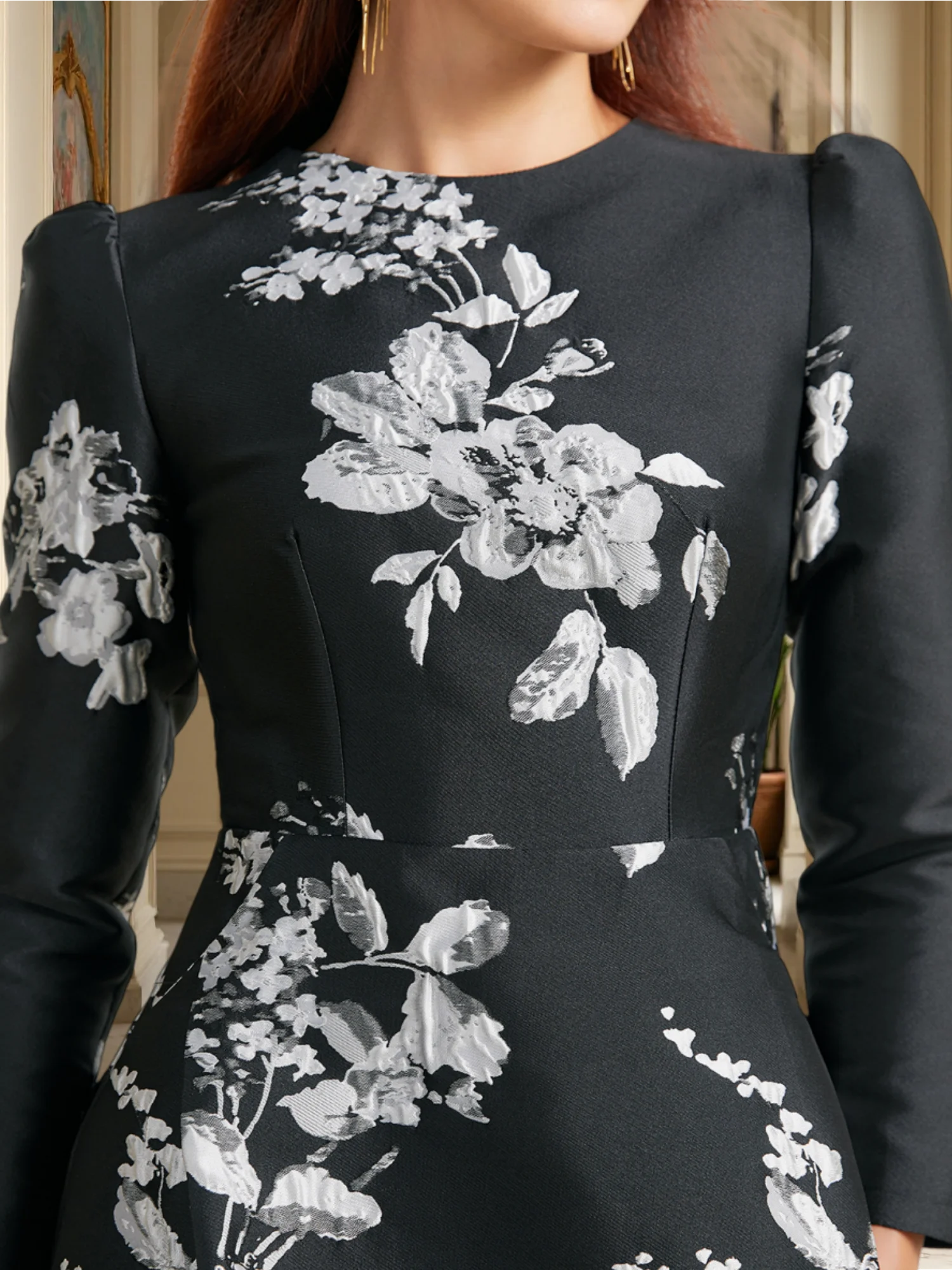 Luxury Women's Long Sleeve Jacquard Dress O-neck Flower Print Elegant Party  Work Casual Dress for Ladies - AliExpress 200000345