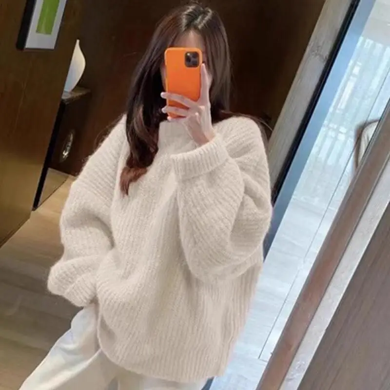 

Женский зимний вязаный свитер-пуловер, утолщенный, свободный, оверсайз, уютный, повседневный, осенне-зимний теплый топ, женские свитера