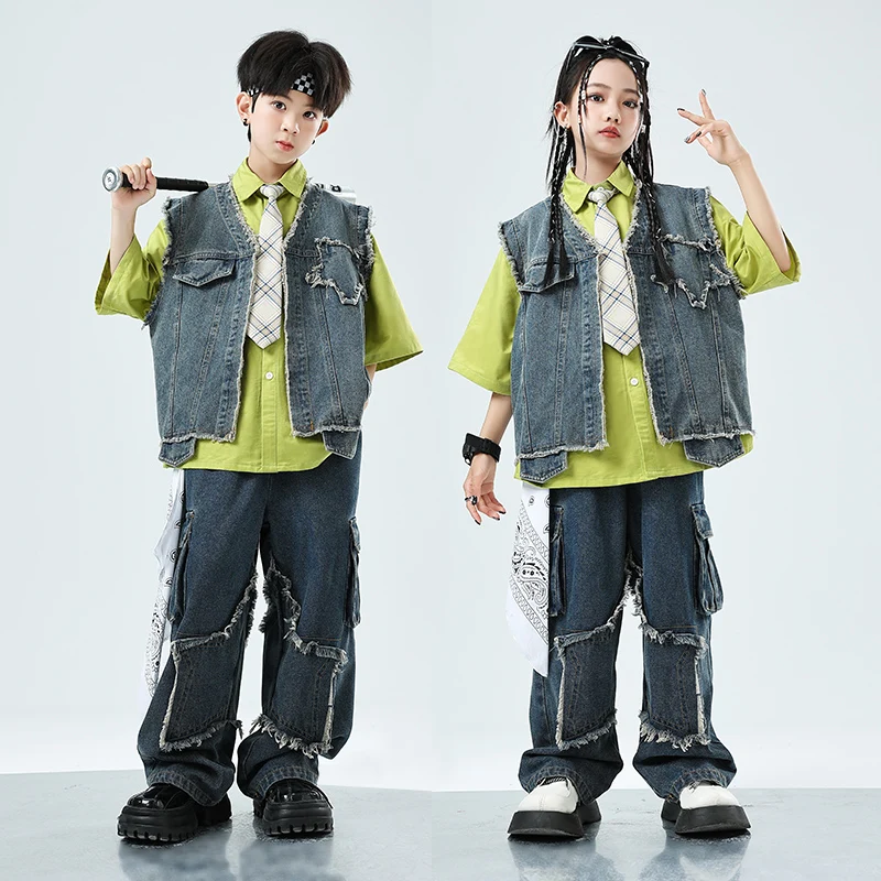 Chaleco de mezclilla de Hip Hop para niñas, camisa de bolsillo, pantalones vaqueros para niños, ropa de calle de Jazz, pantalones de mezclilla holgados, ropa para niños, trajes de muestra para niños