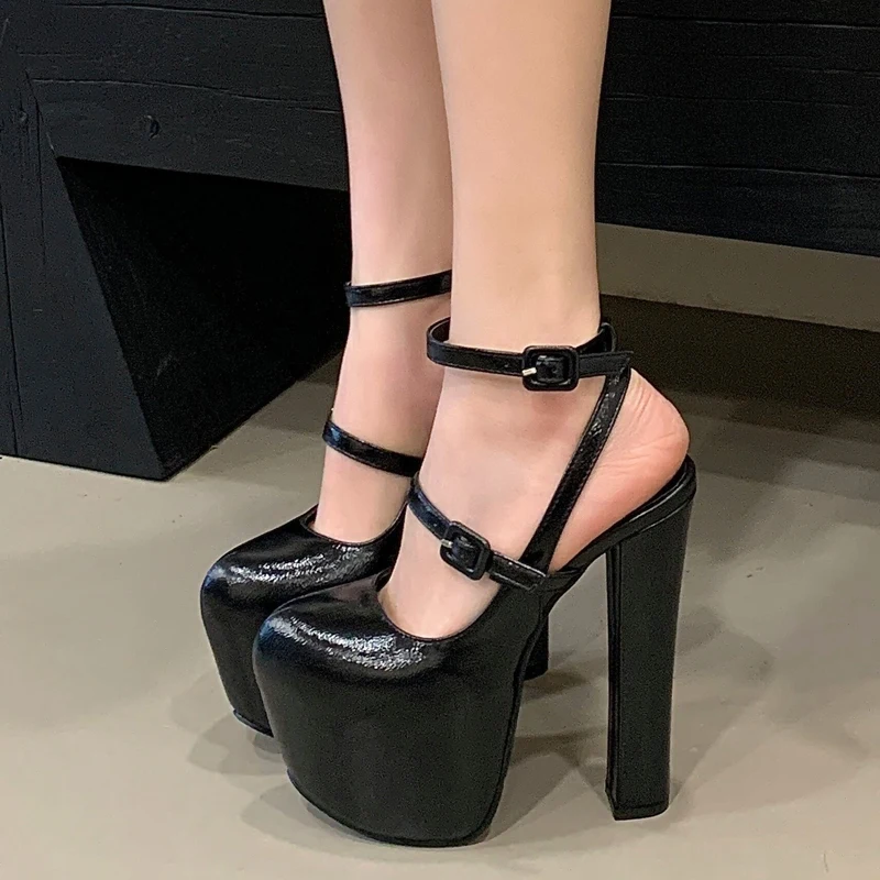 

Women's Black Shiny PU Round Toe Platform Pumps,Double Strap Ankle Buckle Chunky Block Heel Y2K Gothic Party Footwear,DropShip