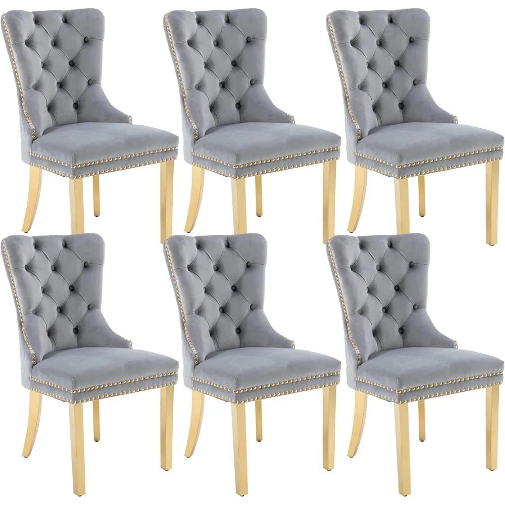 Velvet Upholstered Dining Chairs Set of 6, Modern Button Tufted Chairs with Lion Head Pull Ring and Stainless Steel Legs