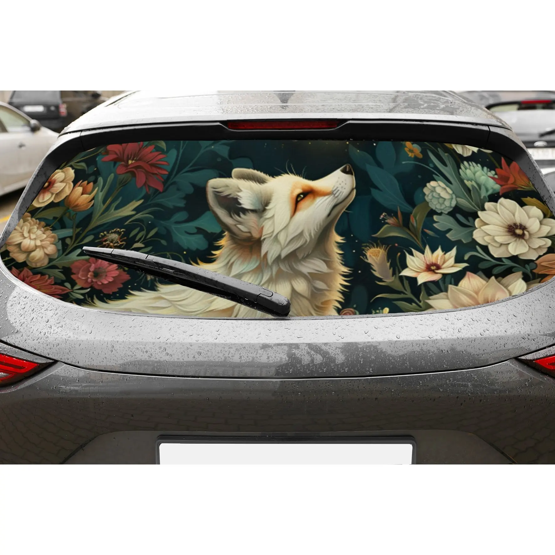 

White Fox Amidst Colorful Flowers PVC Perforated Car Vinyl Wraps, Privacy Enhancing Design for Rear Window, Car Rear Windshield