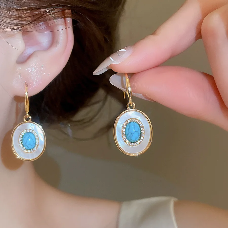 

New Vintage Turquoise Color Fritillary Dangle Earrings for Women Gold Zircon Oval Ear Hooks Ethnic Style Holiday Travel Jewelry