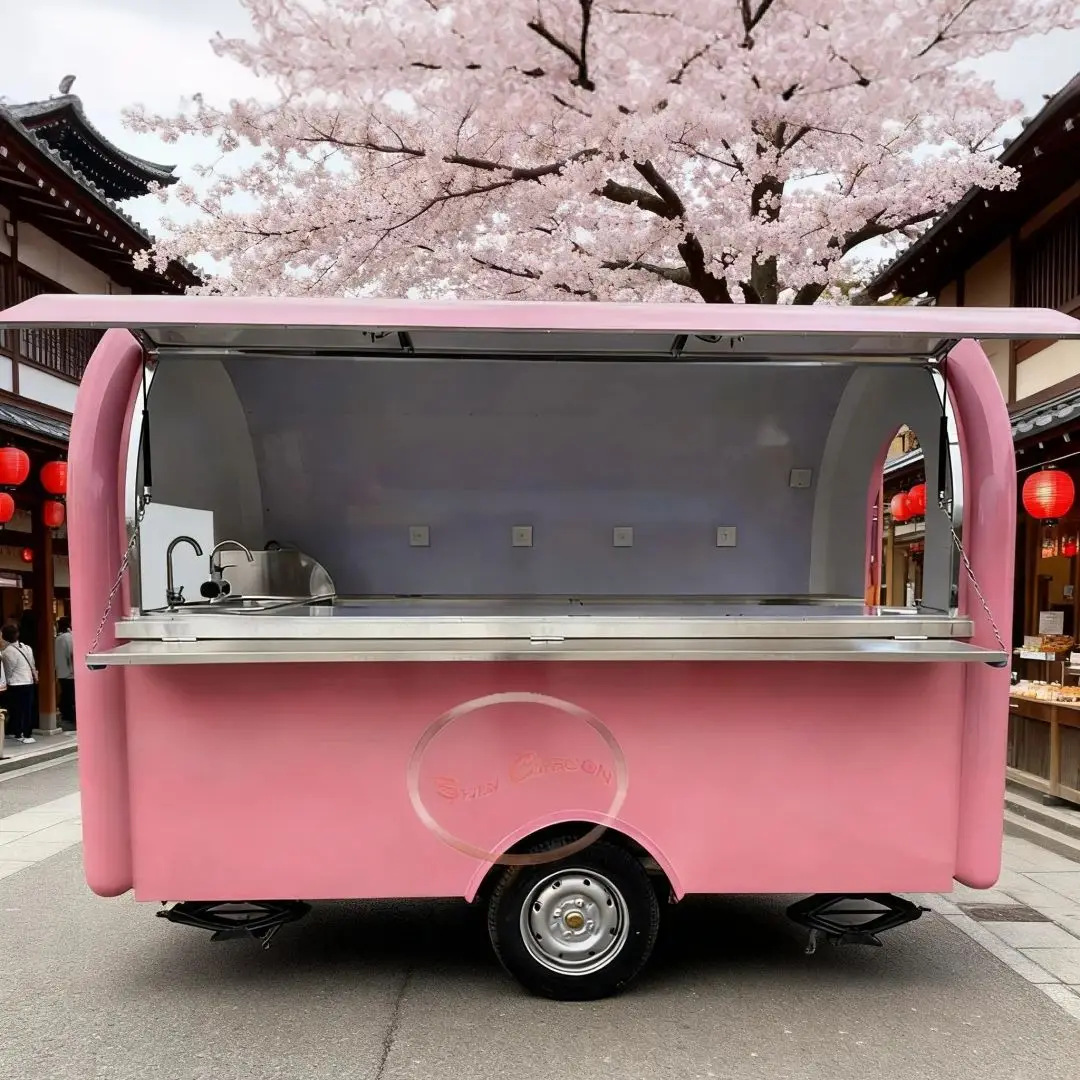 

Bright Pink Outdoor Food Trailer with Lift-Up Service Window Mobile Catering Kitchen Trailer with Wheels And Towing Mechanism
