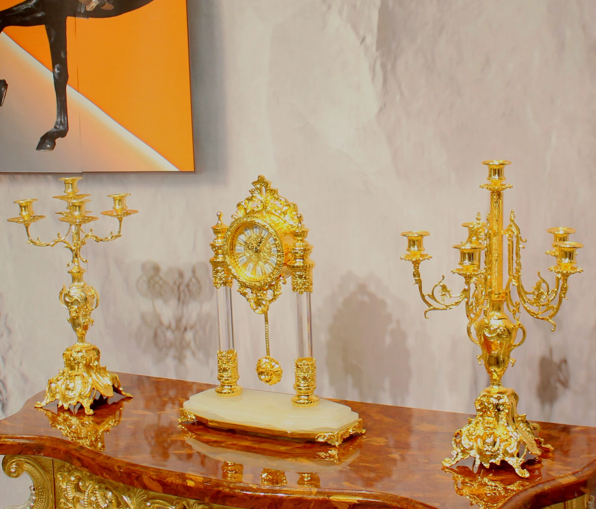 Royal Classic Reproduction Victorian Style Gold Plated Floral Candelabras with Angel Brass Table Clock