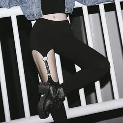 Gothic Devil Fashion Punk Harajuku Leather Strap Ring Hollow Rivet Women Punk Pencil Pants Female Black Casual Tight Trousers