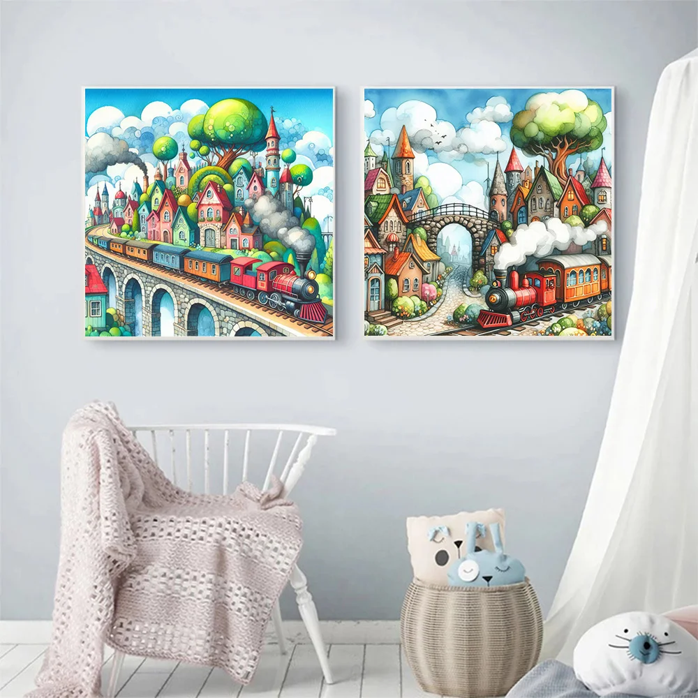 Beautiful Landscape Fantasy Train Passing Through The Town 5D Mosaic Christmas Theme Diamond Paintng Embroidery Cross Stitch