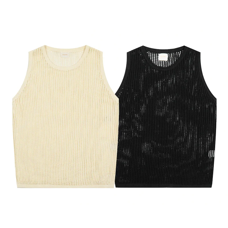 

American High Street Sle Pure Color Me Knit Tank Top Svel Breathable Hollow out Design Casual Summer Vest