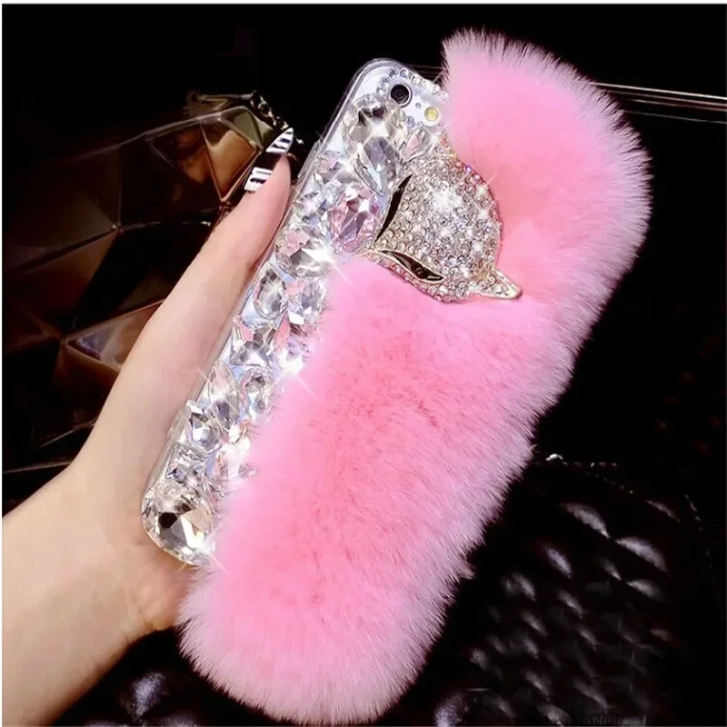 LaMaDiaa-Luxury Bling Diamond Soft Fur Case, Fox Head Phone Case for iPhone, 15Plus, 14, 16, 12, 13 Pro Max, XR, XS, 15, 16Plus