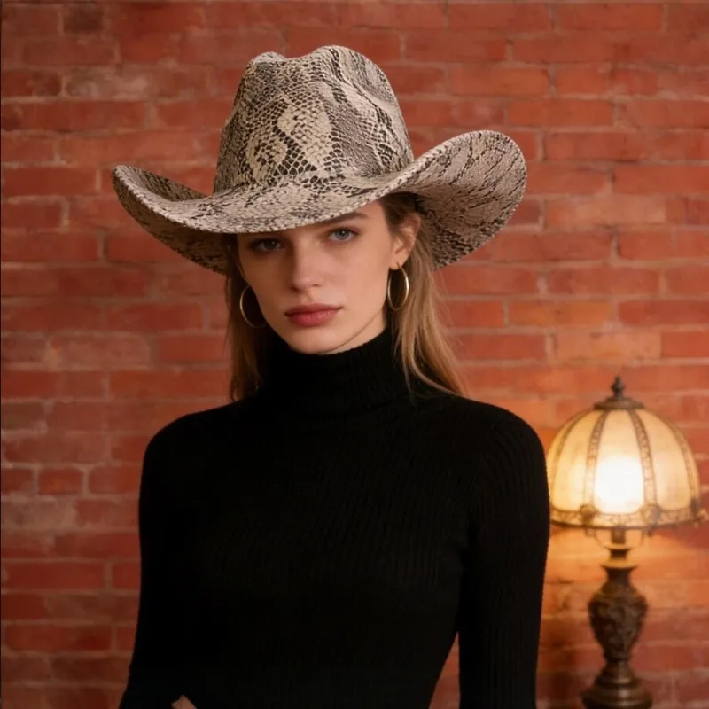 Snake-skin pattern western cowboy hat, flat-top autumn and winter hat, men's large-brimmed vintage jazz hat, women's