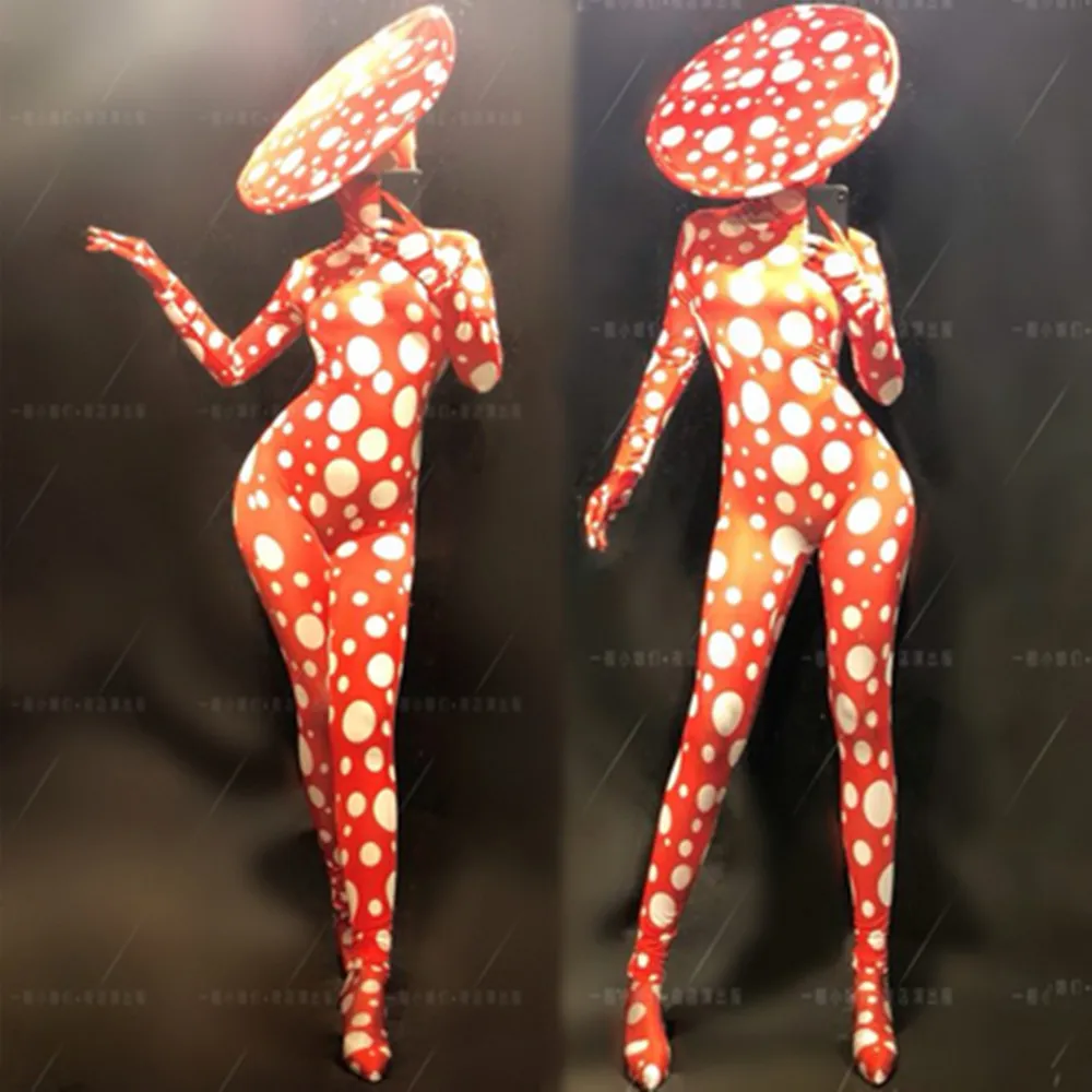 New Red And White Polka Dot Big Brim Hat, Long Sleeved Jumpsuit, Women's Song DjDs Dance Team Gogo Performance Costume