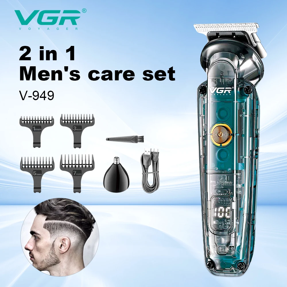 VGR 949 NEW Hair Clipper Cordless Hair Trimmers Rechargeable Digital Display Haircut Machine Transparent Barber Hair Clipper