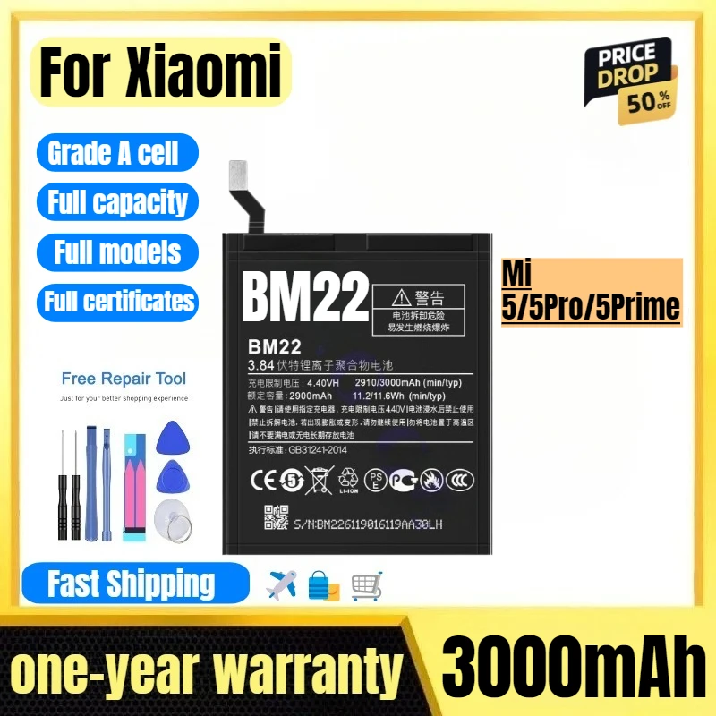 

BM22 for Xiaomi Mi 5/5Pro/5Prime Mobile Phone Battery High Quality High Capacity Replacement Bateria Grade A Cell with Tools