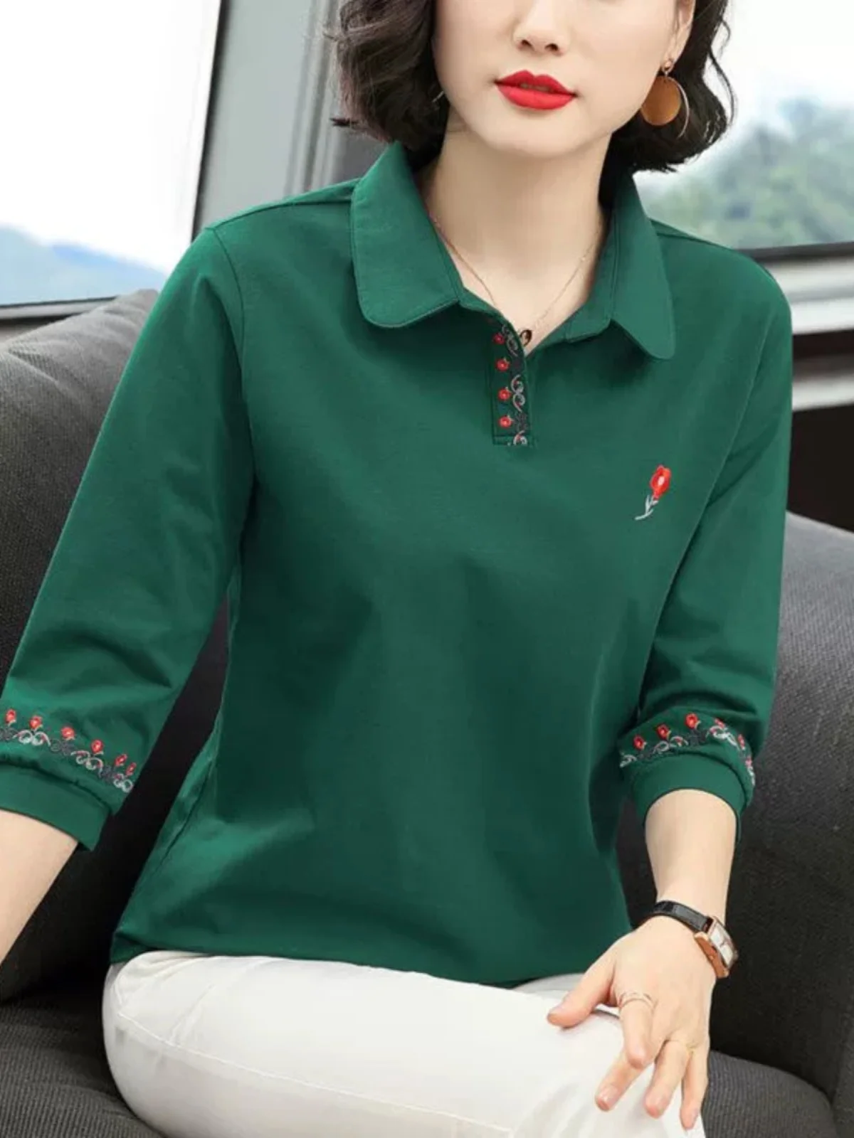 Damen-Baumwoll-T-Shirt Tee-Quarter Sve bestickter Kragen Frühling Herbst Faionable Quali Base irt mittlere Größe