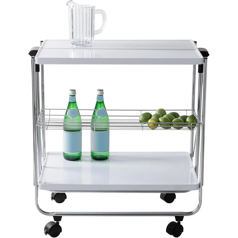 Modern Folding Kitchen Cart with Wheels and Metal Basket