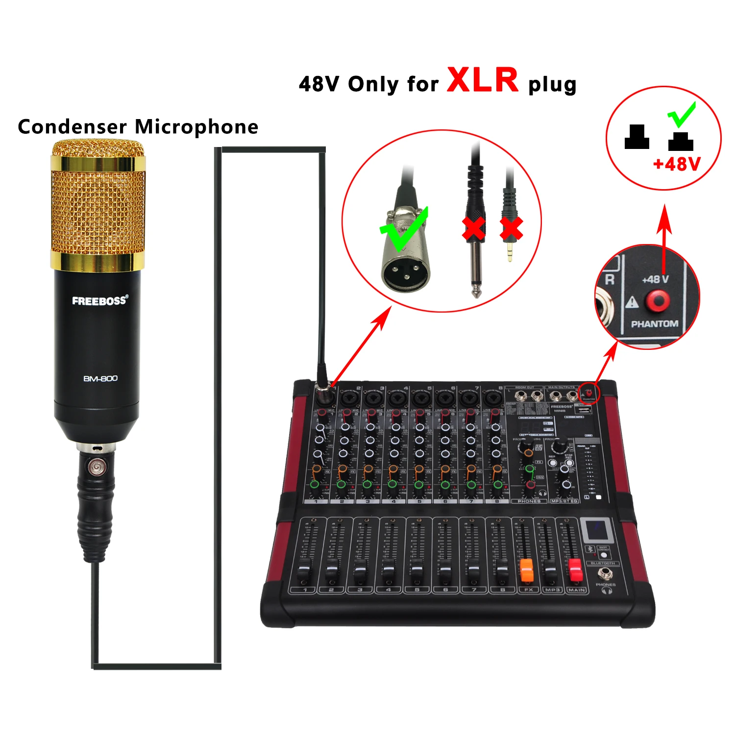 Freeboss 8 Channels Mono Mixing Console with Bluetooth Record 99 DSP effect USB Function Professional Audio Sound Mixer MINI8