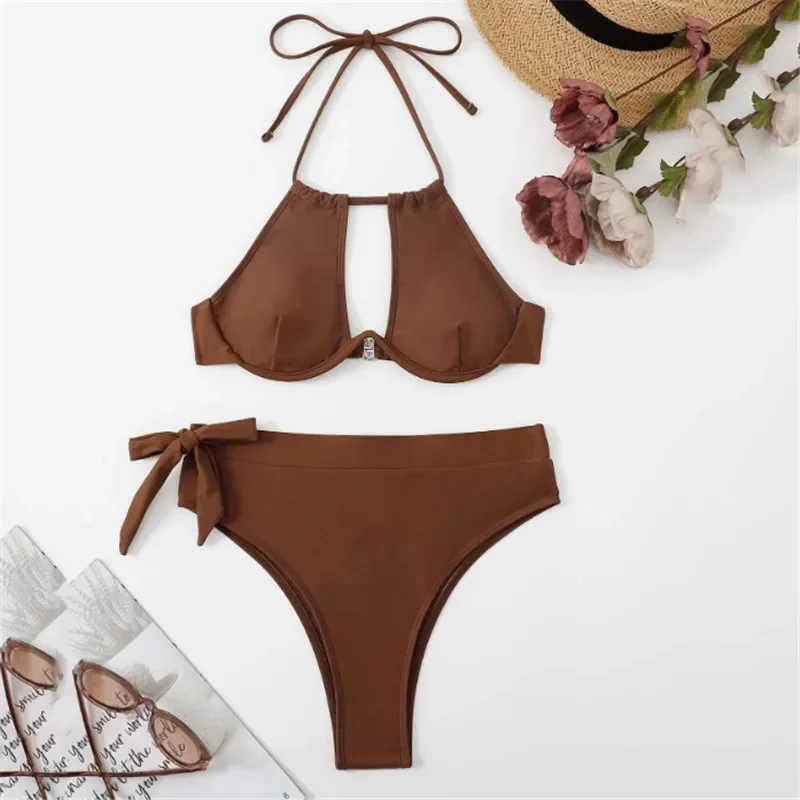 Maillot de bain taille haute pour femmes, ensemble deux pièces, soutien-gorge push up, col licou, string, amissié, sexy, couleur marron, 2024