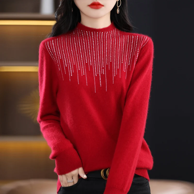 Fall/Winter Half-high Neck 100% Pure Wool Knitwear Lady\'s Diamond-Encrusted Bottoming Shirt Commuter Loose Sweater