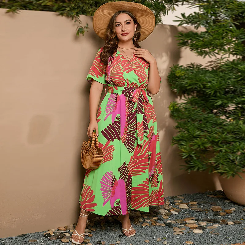 

Large size dress elastic waist fat floral dress fashionable simple temperament elegant vacation style high-end banquet party dre