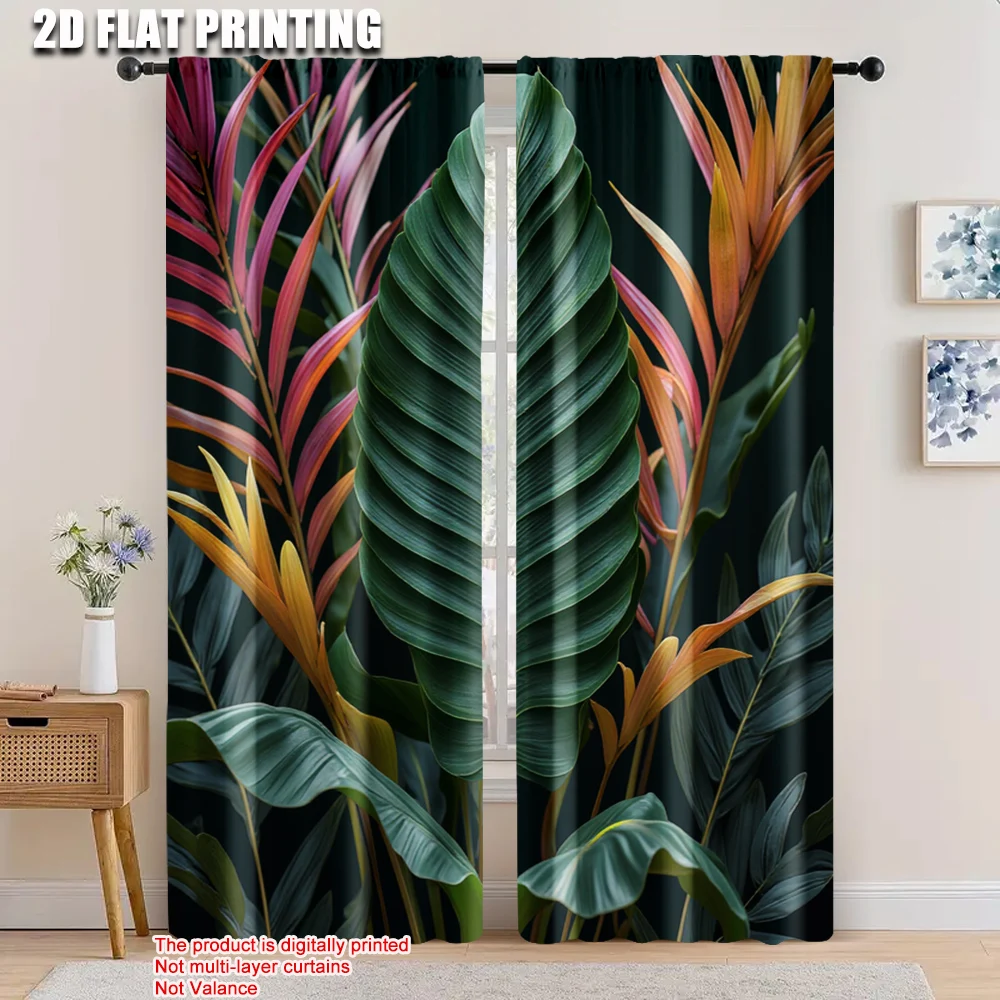 

2pcs, 2D flat printing Window Treatment Curtains green leaf Versatile Durable Polyester,Without Electricity Spring Party &