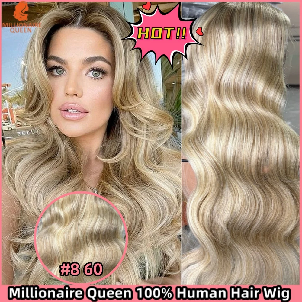 

Парик Ash Blonde Ombre 613 с эффектом Body Wave и мелированием # 8 60 13x6 Lace Frontal 100% натуральный парик из человеческих волос без клея для женщин Millionaire Queen