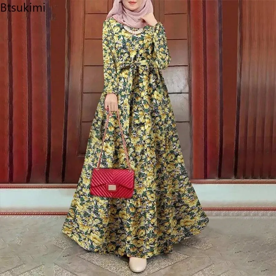 Fashion Vintage Floral Print Sundress Women Muslim Maxi Dress Eid Dubai Abaya Turkey Kaftan Robe Females Party Evening Dresses