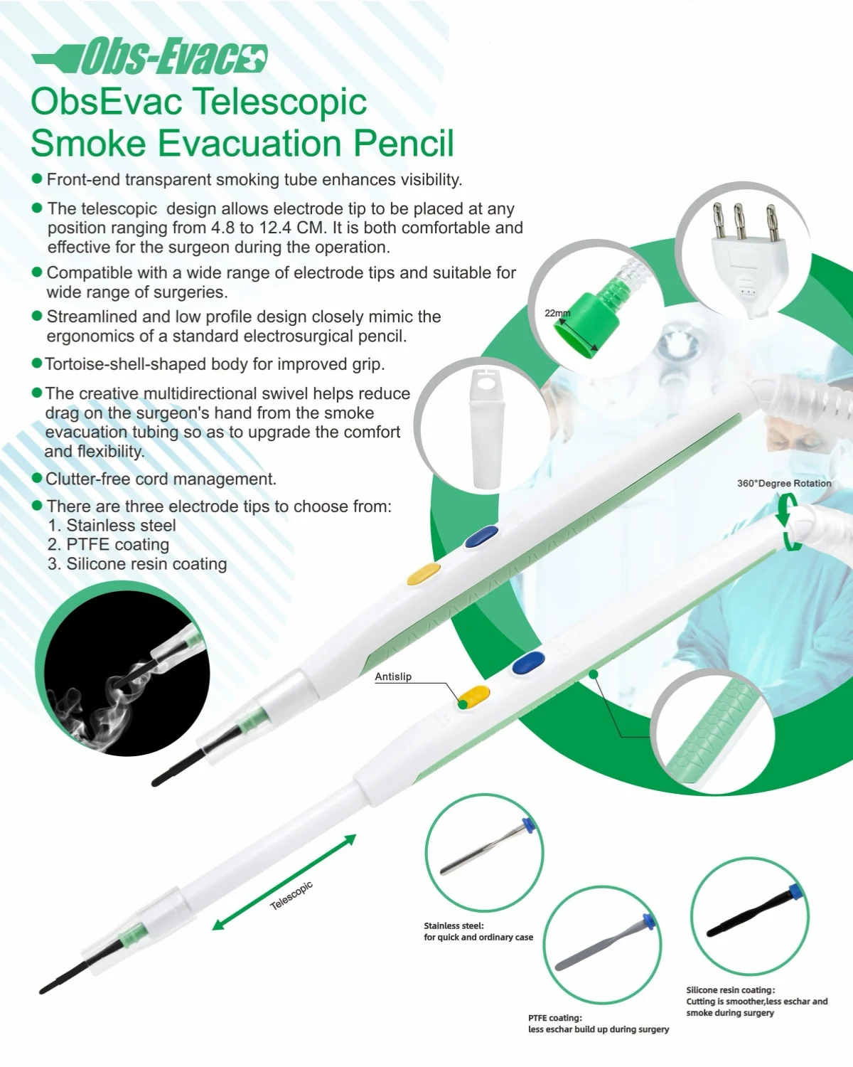 Pet Vet retractable Smoke Evacuation Pencil The electrode tip is extendable from 4.8 to 12.4 cm Connectable smoke generator fast