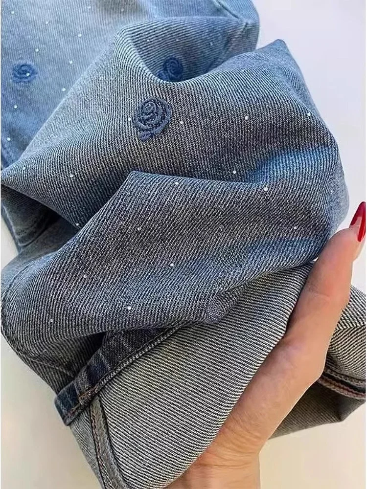 

Retro Waed Blue Embroidered Rhinestone Straight Leg Denim Jeans Women's Loose Wide Leg Pants High Waist hine Embroidery