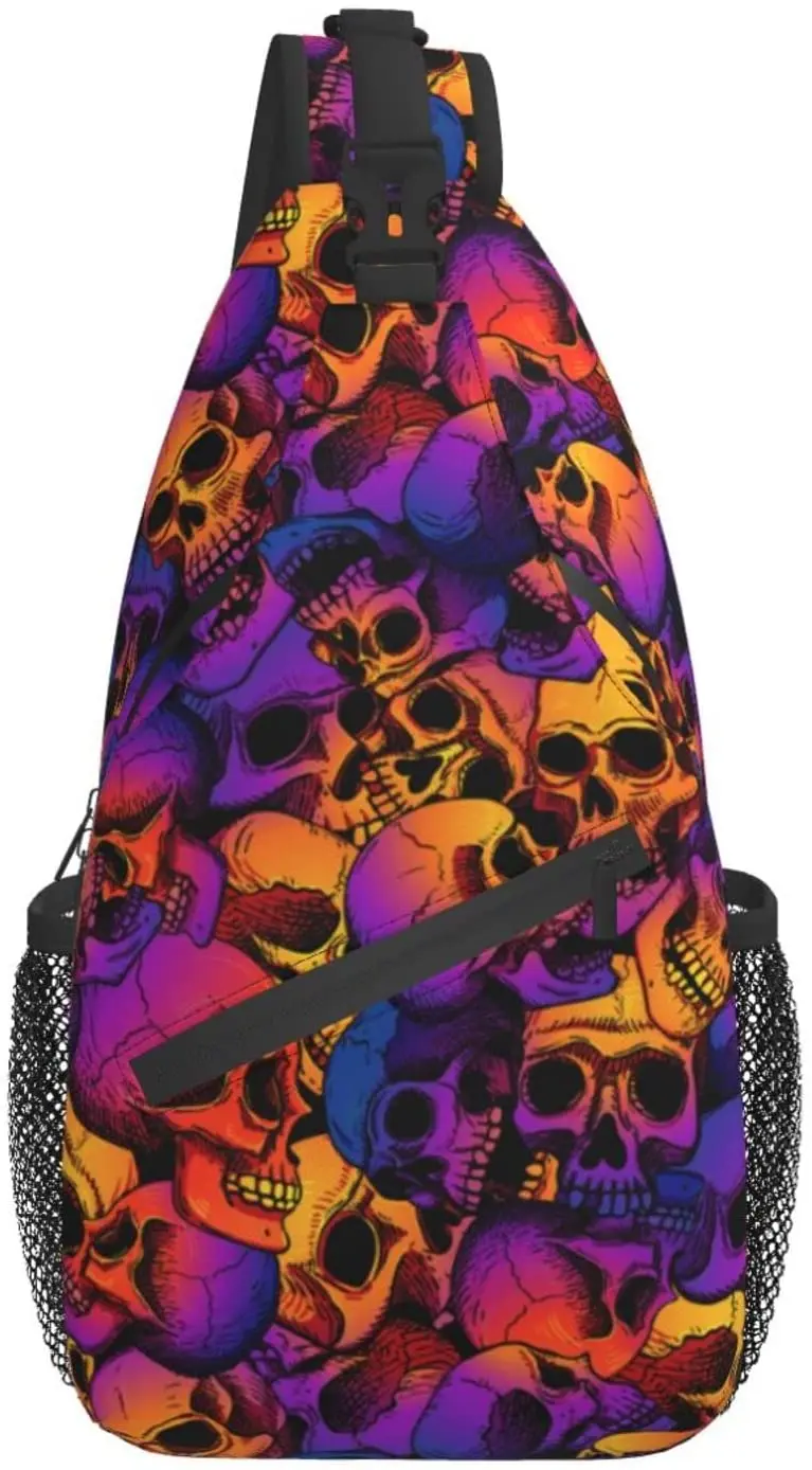 Purple Skull Crossbody Backpack for Women Men Hiking Travel Over the Shoulder Bag Pouch Small Daypack Casual One Strap Pack