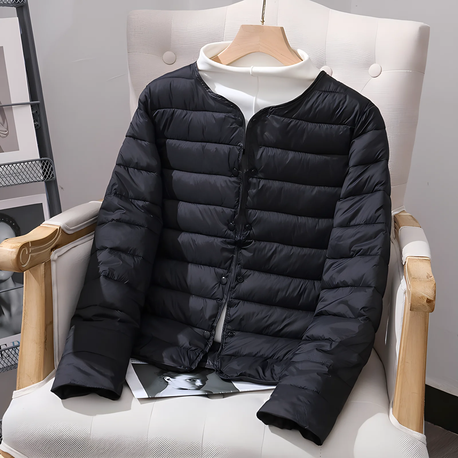 2024 new light cotton-padded jacket, women\'s winter striped cotton jacket, round neck long sleeve fashion warm top