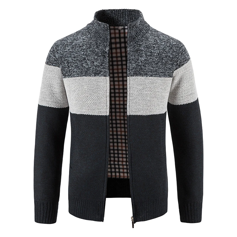 Autumn Winter Men's Cardigan Warm Pullovers Knit Sweater Stitching Colorblock Fashion Casual Stand Collar Coats Knitting Jackets